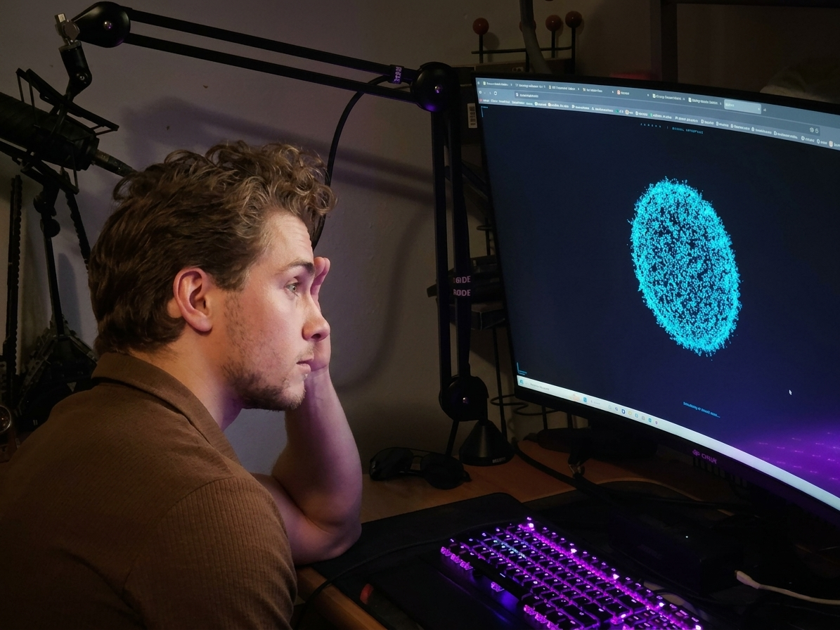 Sam Manina studying the J.A.R.V.I.S. neural sphere on his monitor